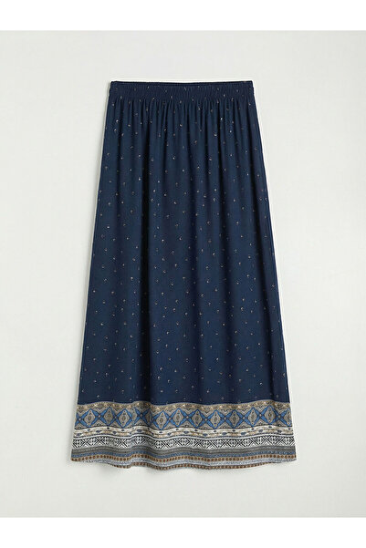LC Waikiki Navy Blue Patterned Belmando Flared Skirt with Elastic Waistband