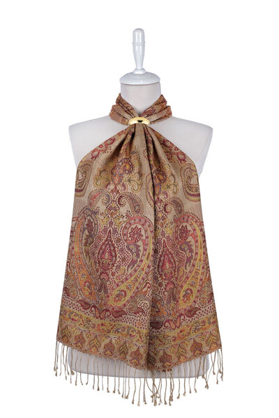 Bursa İpek Beige Red Jamawar Woven Silk Scarf