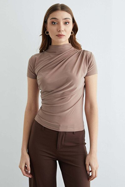 Fulla Moda Draped High Collar Blouse