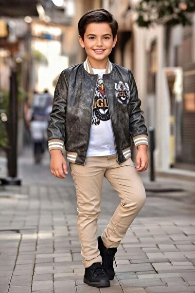 Riccotarz Boy's Crew Neck Eagles Printed T-Shirt Back Printed Leather Jacket ...