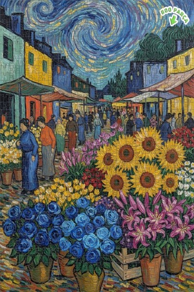 Teona Ahşap Van Gogh Yıldızlı Gece Pazarı Yağlı Boya Görünümlü Çift katlı Çer...