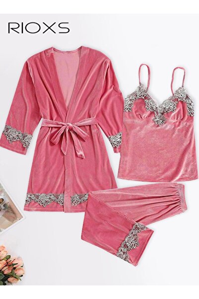 RIOXS 3 Pieces Women's Velvet Pajama Set, Warm Comfortable Velvet Lace Trimed...