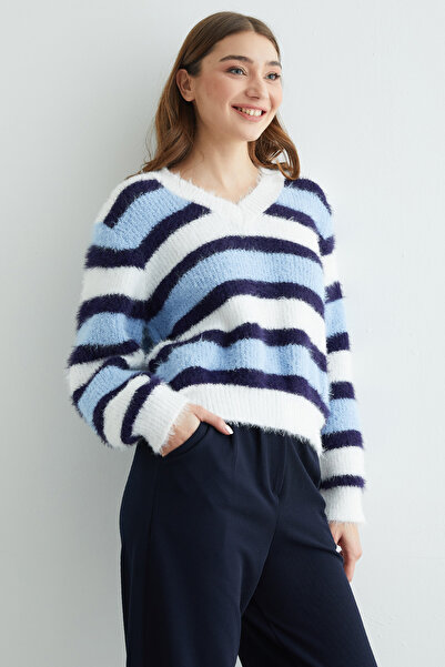 Fulla Moda Bearded Striped V-Neck Knitwear Sweater