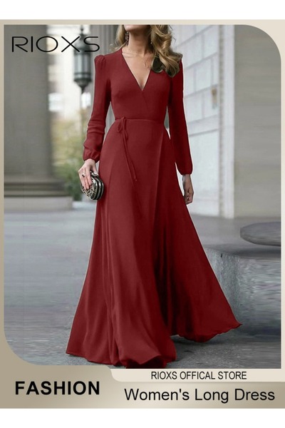 RIOXS Women's V-neck Long Sleeve Evening Dresses, Elegant High Waist Formal M...