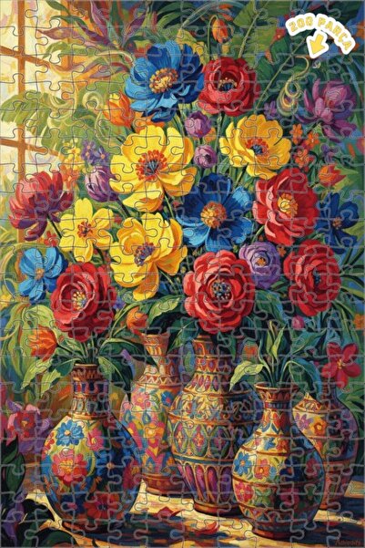 Teona Ahşap Canlı Renkler Vazolu Çiçek Buketi Yağlı Boya Görünümlü Ahşap Puzz...