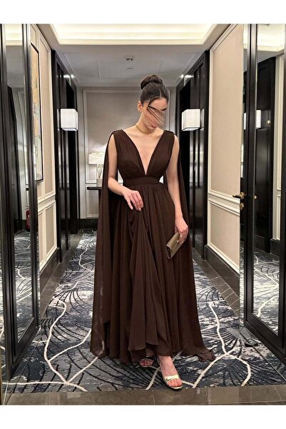 SKY dresses Dark brown chiffon lined double flared dress