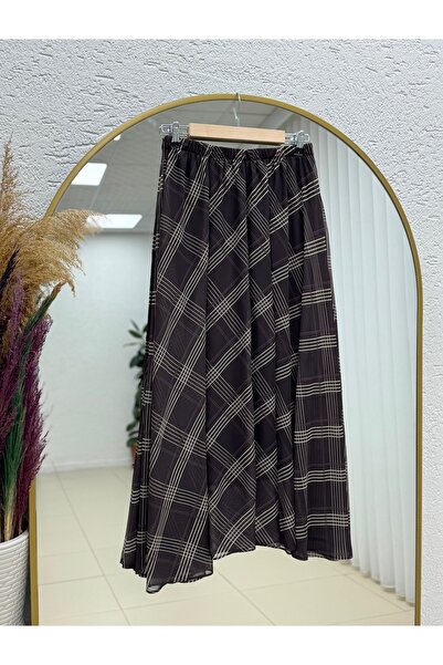MİHRA STORE Turkan Elastic Waist Patterned Chiffon Skirt-Bn4594 Brown