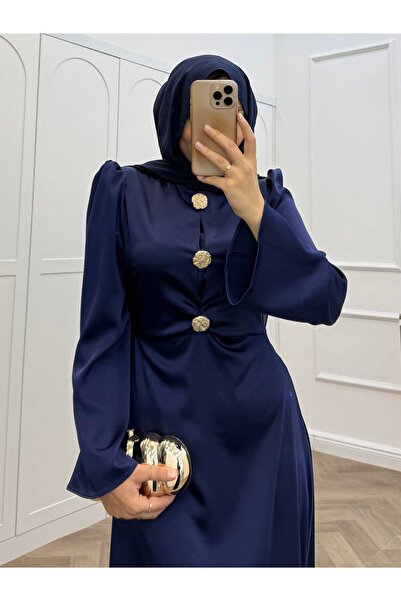 bezenstore GOLD DÜĞMELİ SATEN ELBİSE KAHVE