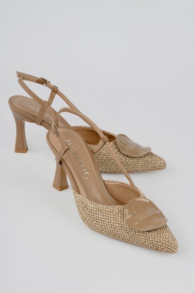 Mubiano Women's Stiletto Buckle Detailed Pointed Toe Open Back Heeled Shoes O...