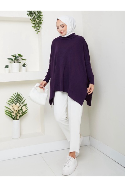 Esra Butik78 Mor Yarasa Kol Salaş Triko Tunik – Tesettür Günlük Rahat Kesim U...