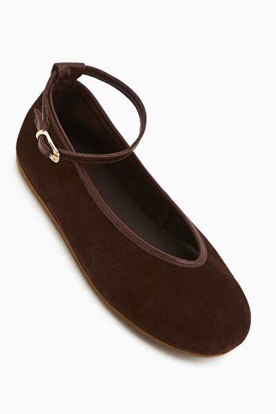 Limoya Jenin Hakiki Deri Kahve Süet Kemerli Kadın Babet