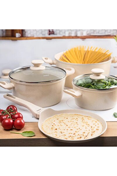 Klausberg Set of pots with cream lids made of cast aluminum, 7 pieces with no...