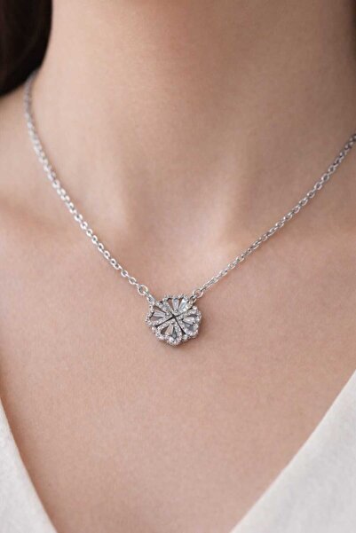 Işıltı takı 316L Çelik Gümüş Renk Yonca & Kalp Figürlü Açılır Kapanır Zirkon ...