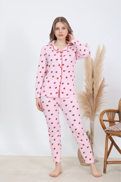 BARAY TEKSTİL Pembe Bürümcük Kumaş Çilek Desenli Uzun Kollu Pijama Takımı