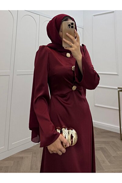 bezenstore GOLD DÜĞMELİ SATEN ELBİSE KAHVE