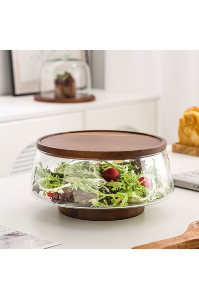 morponi Borosilicate Glassluxury Glass Bowl with Acacia Lid and Acacia Feet -...