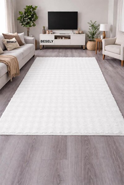 BESELY Beyaz Yumuşak Bubble Kaymaz Özel Taban Puffy Peluş Yıkanabilir Salon Ç...