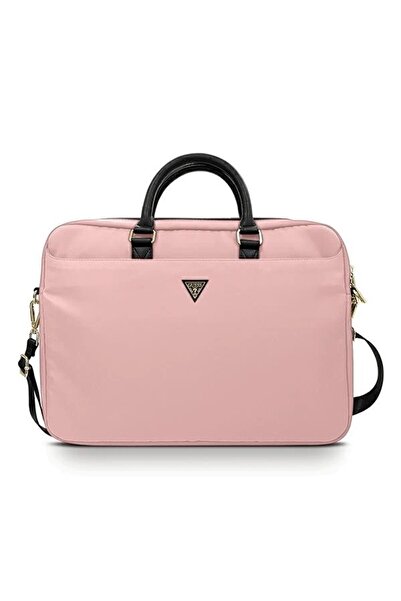 Guess Nylon Triangle Logo 16" Laptop Bag - Pink, Stylish & Durable