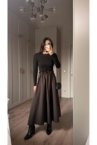 Bade Butik Μαύρο και καφέ φόρεμα με ενίσχυση και σούρες στη μέση