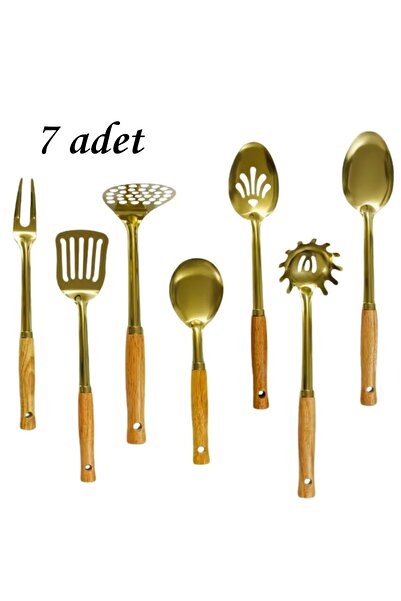 Store Ahşap Saplı Paslanmaz Çelik Gold Servis Seti Lüks Pişirme Seti Ahşap Sa...