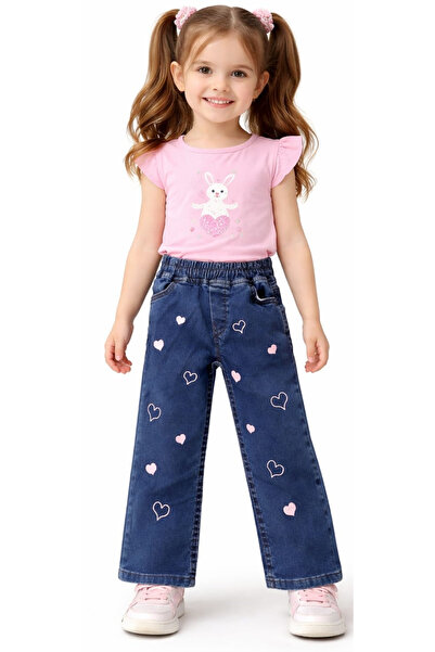 İrem Çocuk Giyim Girl's Pink Heart Embroidered Dark Blue Color Trousers with ...