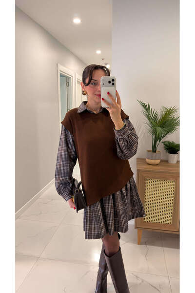 BİRCANÇİL Mendell Brown Beige Plaid Sweater Dress Set