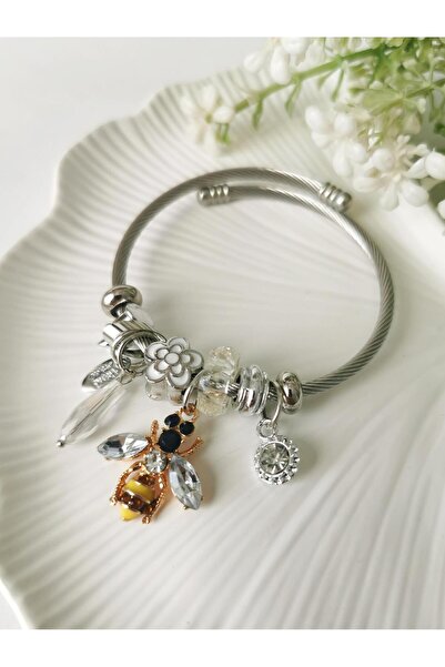 Halley Concept Steel White Beaded Bee Model Charm Bracelet