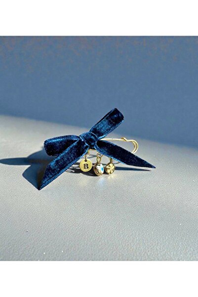 Atelier Çağla Lacivert Kadife Fiyonk Kurdele Harfli Nazar Boncuklu Yonca İsko...