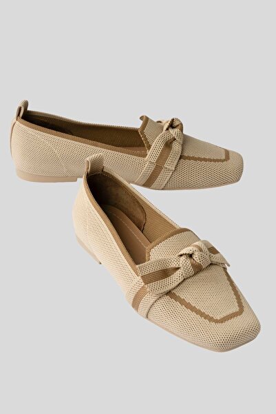 Mubiano Kadın Triko Babet Kare Burunlu Fiyonklu Günlük Babet Aira Bej