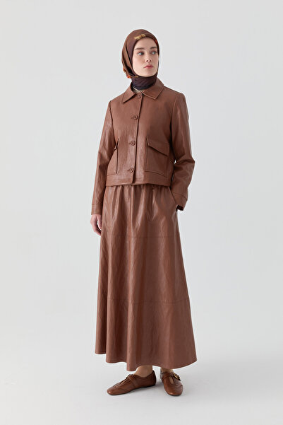 Tuğba Bağcıklı Deri Etek - Taba