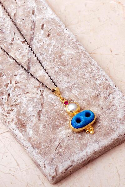 Sümer Telkari Süryani Nazar Boncuğu İnci Taşlı Altın Kaplama 925 Ayar Gümüş K...