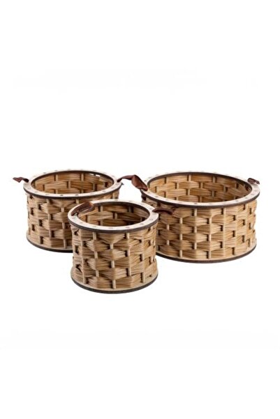 GiftWorld طقم سلال خشبية دائرية أنيقة باللون البيج