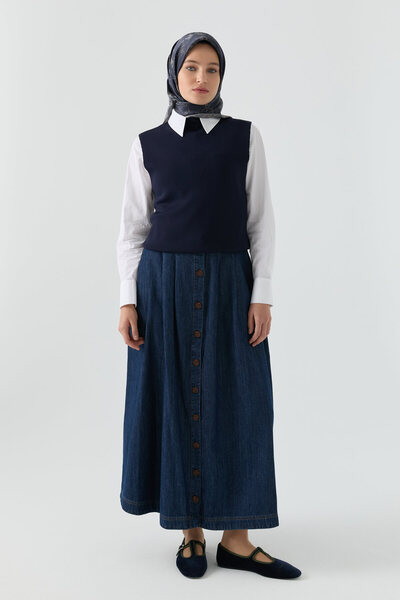 Tuğba Düğme Detaylı Denim Etek - Lacivert