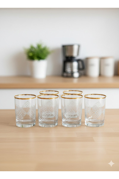 zaTen Pazar 6 Adet Selsus Yaldızlı Motifli Kahve Yanı Su Bardağı