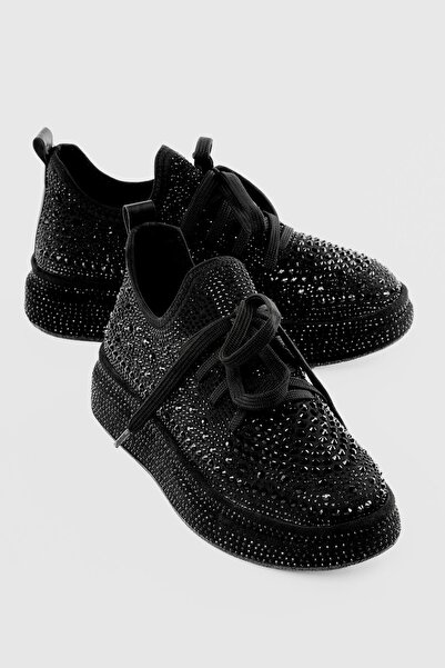 Mubiano Pantofi sport de damă cu pietre aplicate cu talpă groasă, negru diamant