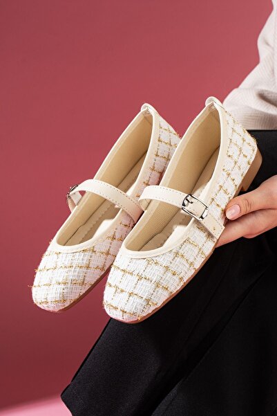 FUGA MODA Camelia Beige Glitter Fabric Nickel Buckle Belted Ballerinas