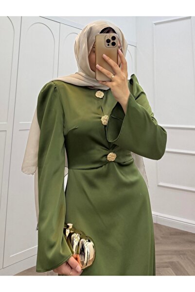 bezenstore GOLD DÜĞMELİ SATEN ELBİSE KAHVE