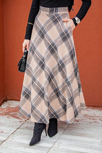 Tesettür Çarşım Biss Cep Detaylı Ekose Etek-Taba