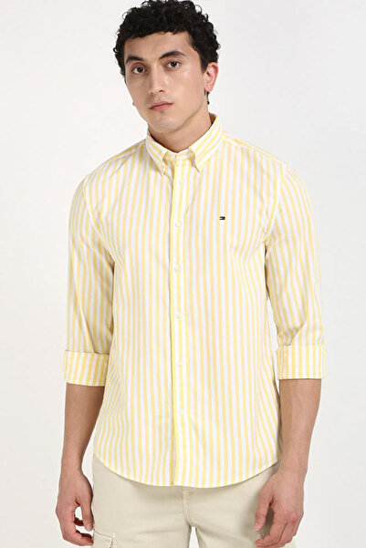 Tommy Hilfiger Mens Yellow Vertical Striped Regular Fit Cotton Shirt