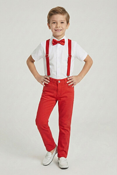 FATELLA Erkek Çocuk Beyaz Kısa Kollu Gömlek Kırmızı Pantolon Kırmızı Askı Pap...
