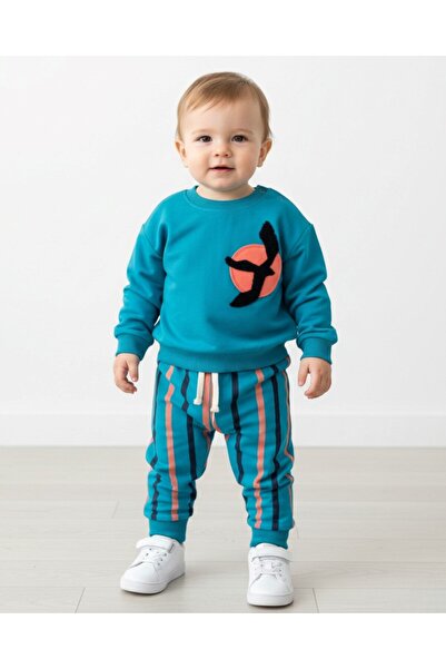 Ege Bebek Baby Boy Seasonal Seagull Embroidered Sweatshirt, Striped Pants 2-P...
