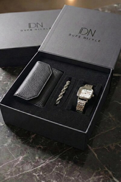 Duke Nickle Zincir Bileklikli Gümüş Metal Kordon Kare Kadın Kol Saati Siyah C...