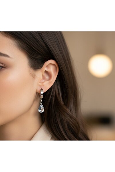 stainless steell gümüş renk damla model saydam taş çelik küpe