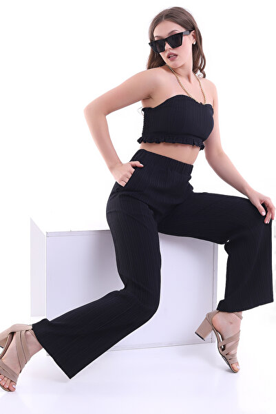 ÇEÇİM Women Strapless Crop Blouse & High Waist Pants Set Nsa-58029