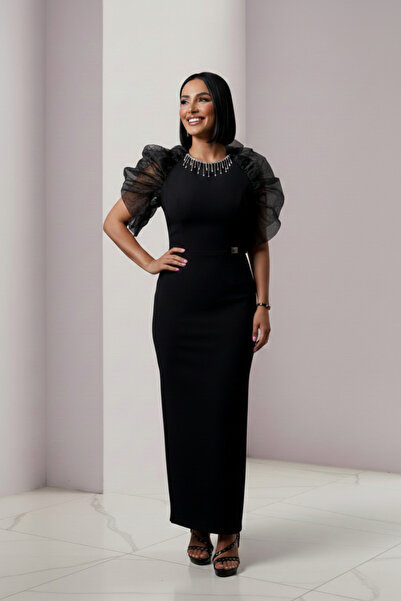 ALFUDO Moda Collection Tulle Detailed and Stone-Embellished Collar Maxi Gradu...