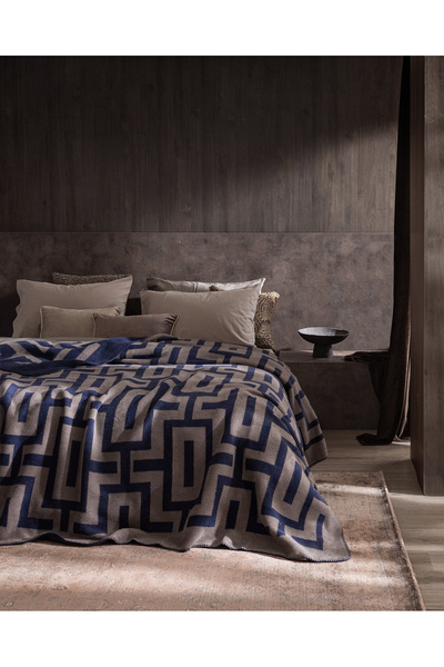 Madame Coco Corveau Double Jacquard Cotton Blanket - Navy Blue/Brown