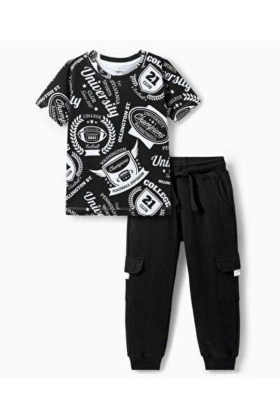 Ollington St. Cotton Half Sleeves Text Printed T-Shirt & Knit Joggers Set - B...