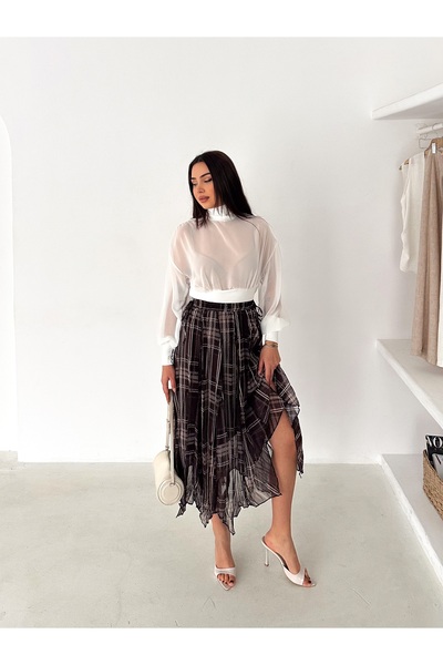 TLG TLG GİYİM Vintage Patterned Lined Pleated Stylish Chiffon Skirt