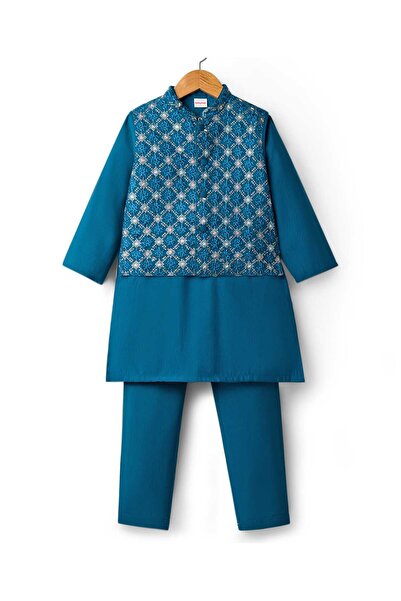 Babyhug Woven Full Sleeves Kurta Pajama Set with Jacket Embroidery & Sequin D...