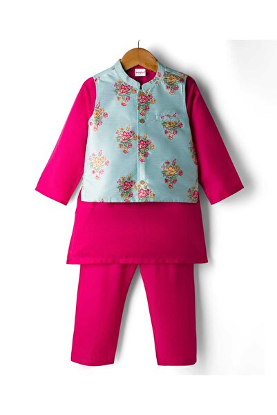 Babyhug Woven Full Sleeves Kurta Pajama Set with Jacket & Floral Print - Dark...